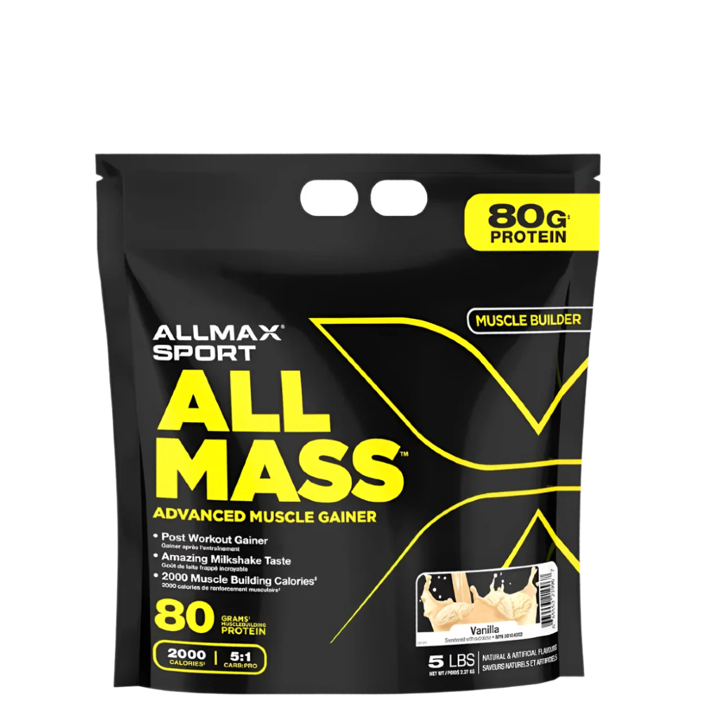 A package of AllMax Sport AllMass Advanced Muscle Gainer in black and yellow packaging, indicating 80g of protein and various product features.