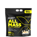 A package of AllMax Sport AllMass Advanced Muscle Gainer in black and yellow packaging, indicating 80g of protein and various product features.