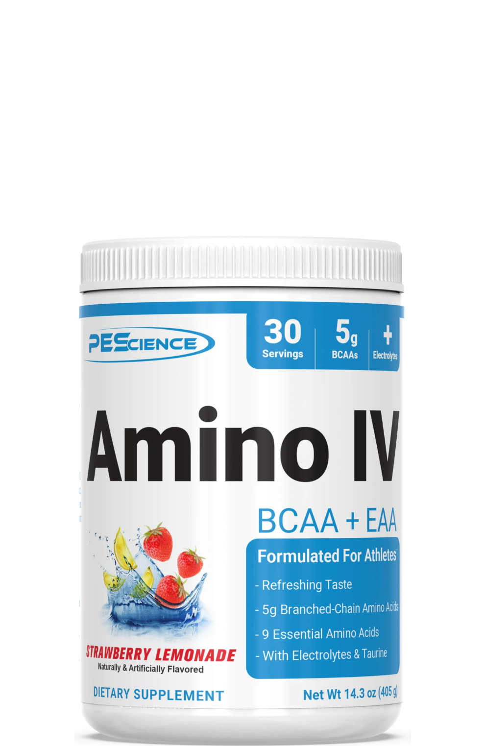A container of PEåScience Amino IV BCAA + EAA supplement