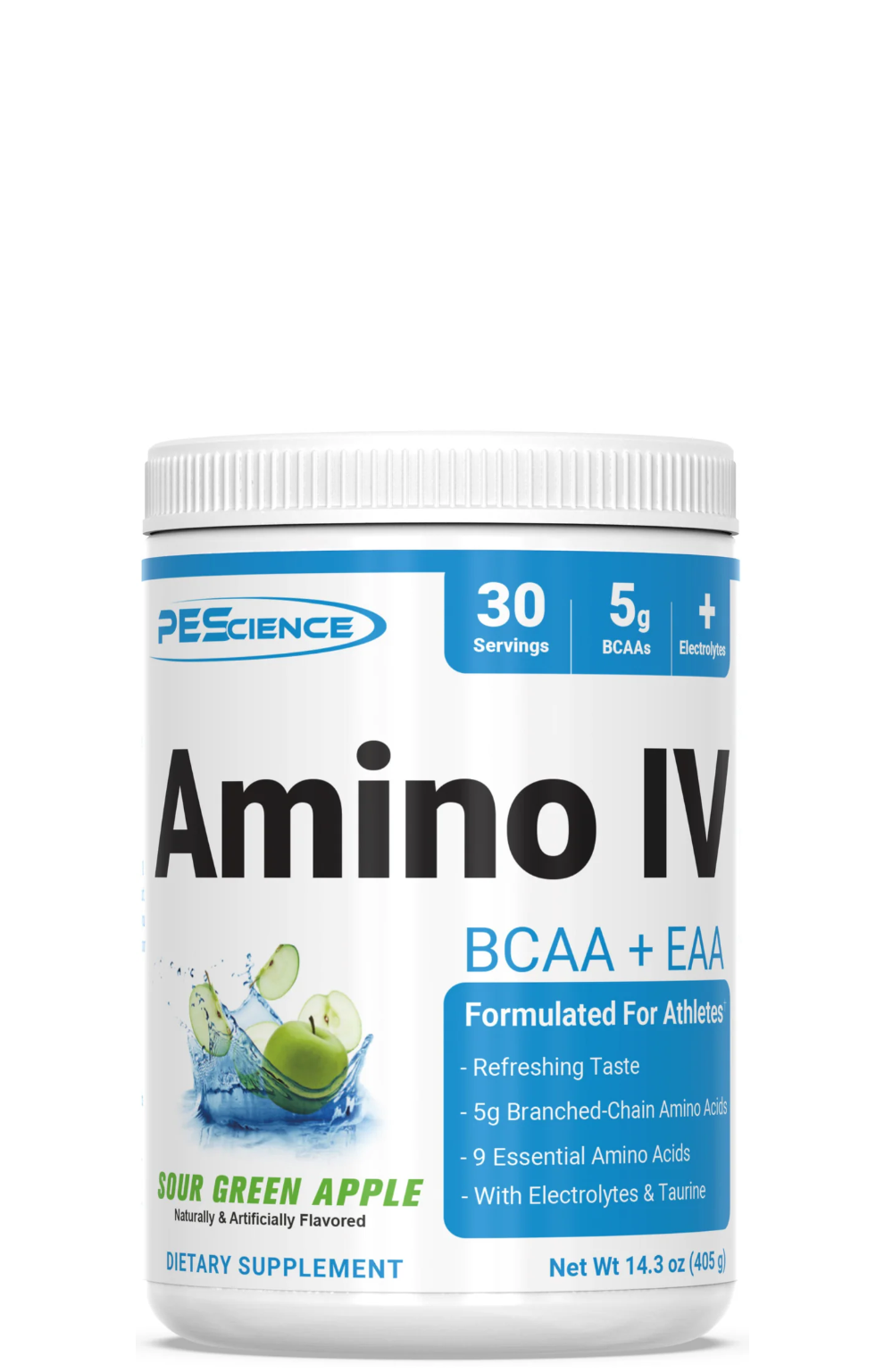 A container of PEåScience Amino IV BCAA + EAA supplement
