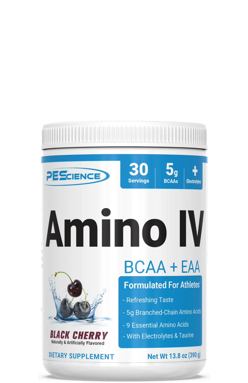 A container of PEåScience Amino IV BCAA + EAA supplement