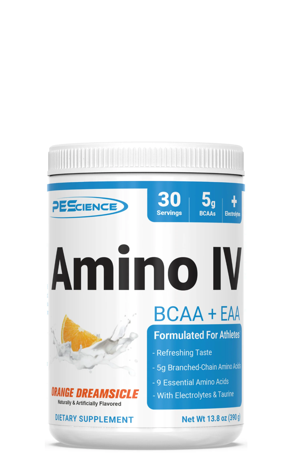 A container of PEåScience Amino IV BCAA + EAA supplement