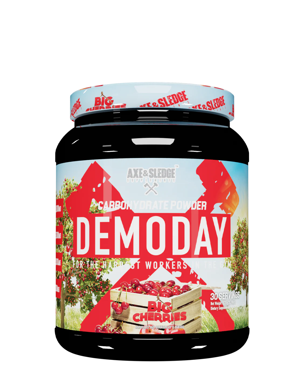 Container with red and white text, cherry flavored.
