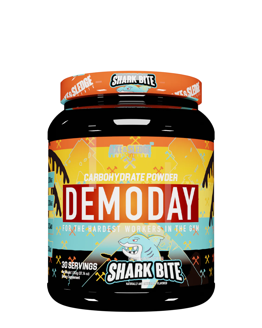 Container with orange and white, a shark is displayed.