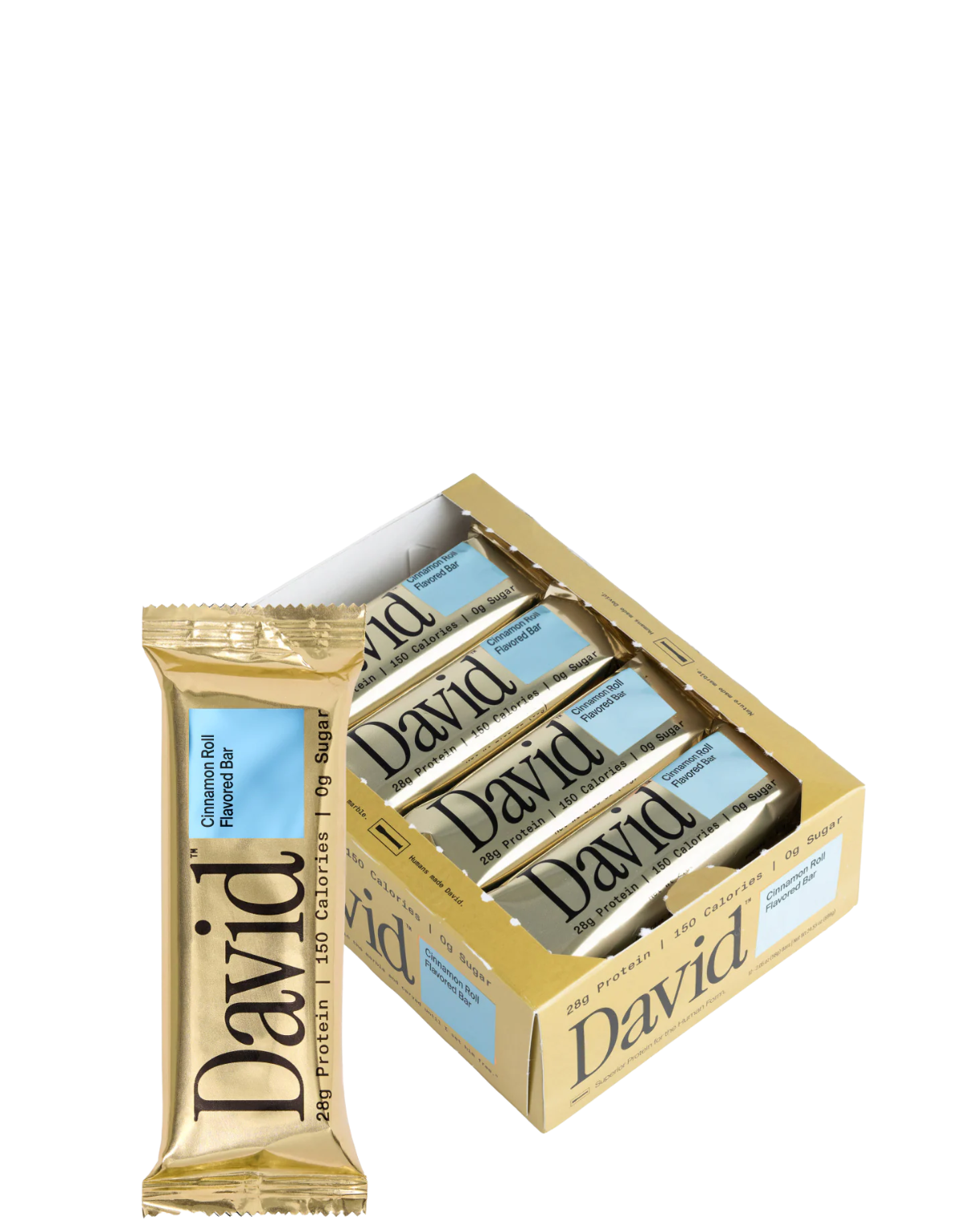 Box of David protein bars on a white background