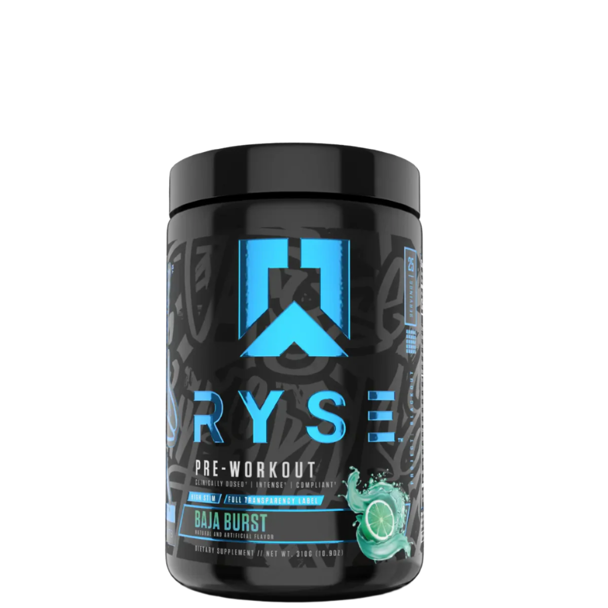 A container of Ryse SunnyD flavor pre-workout supplement with a colorful design featuring orange and yellow tones.