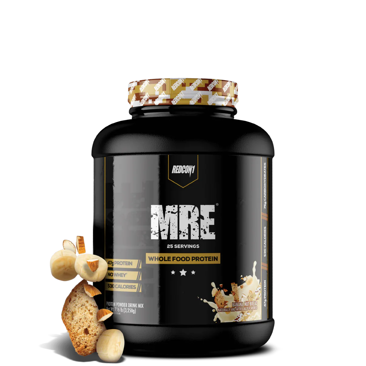A black plastic container of MRE Whole Food Protein powder with a gold and white label, titled 'MRE WHOLE FOOD PROTEIN' and indicating 25 servings.