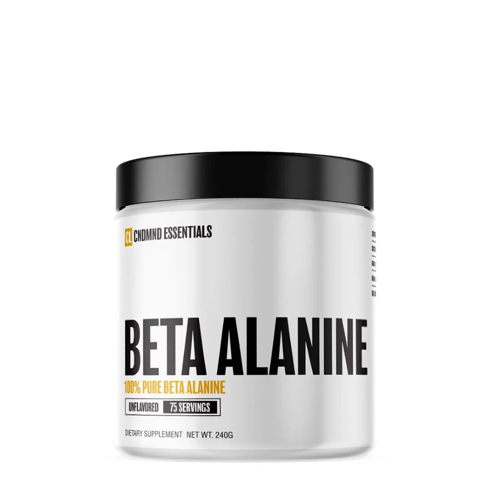 A container of Condemned Essentials Beta Alanine supplement, with 75 servings indicated, without any visible banned substances or harmful additives.