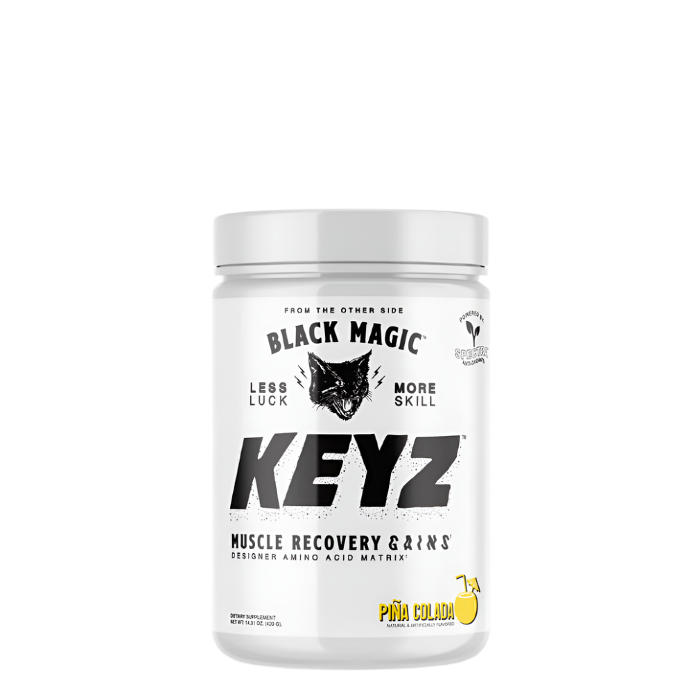 A container of Black Magic Supply's KEYZ Amino Acid Recovery Matrix in Berry Tropic flavor.