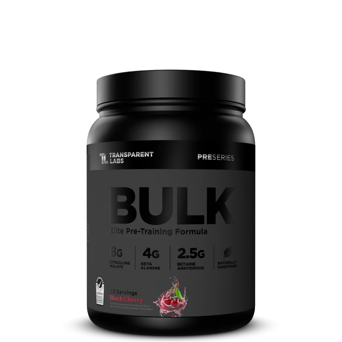 Black supplement container labeled 'BULK' with Transparent Labs branding on a white background