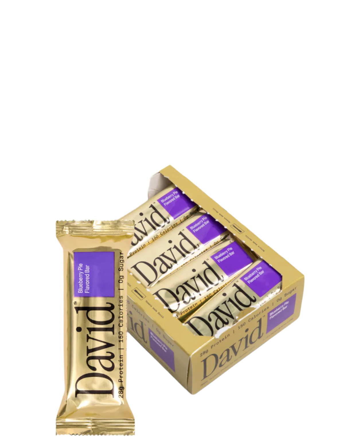 Box of David protein bars with a single bar in front on a white background