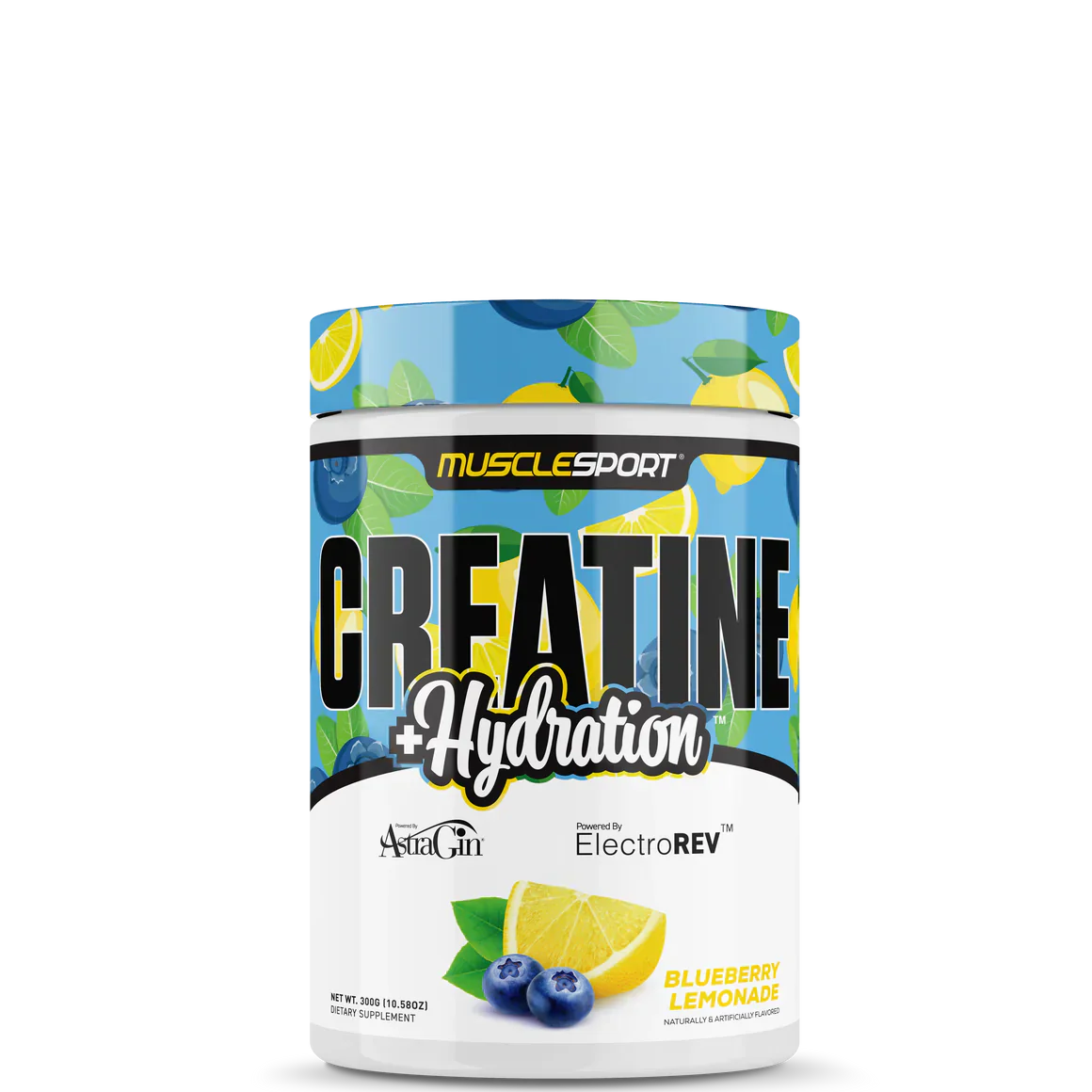Creatine + Hydration supplement container with watermelon and strawberry design, branded by MuscleSport.