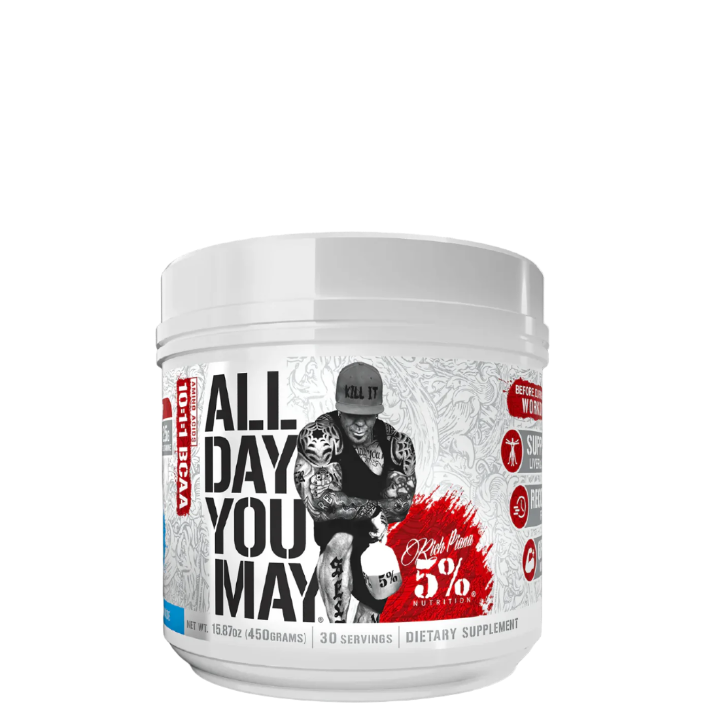 Container of ALL DAY YOU MAY 10:1:1 Ratio BCAA Recovery Drink with branding and information about the product.