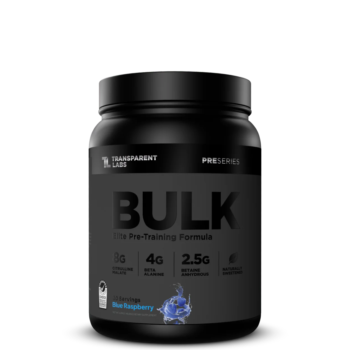Black supplement container labeled 'BULK' with Transparent Labs branding on a white background