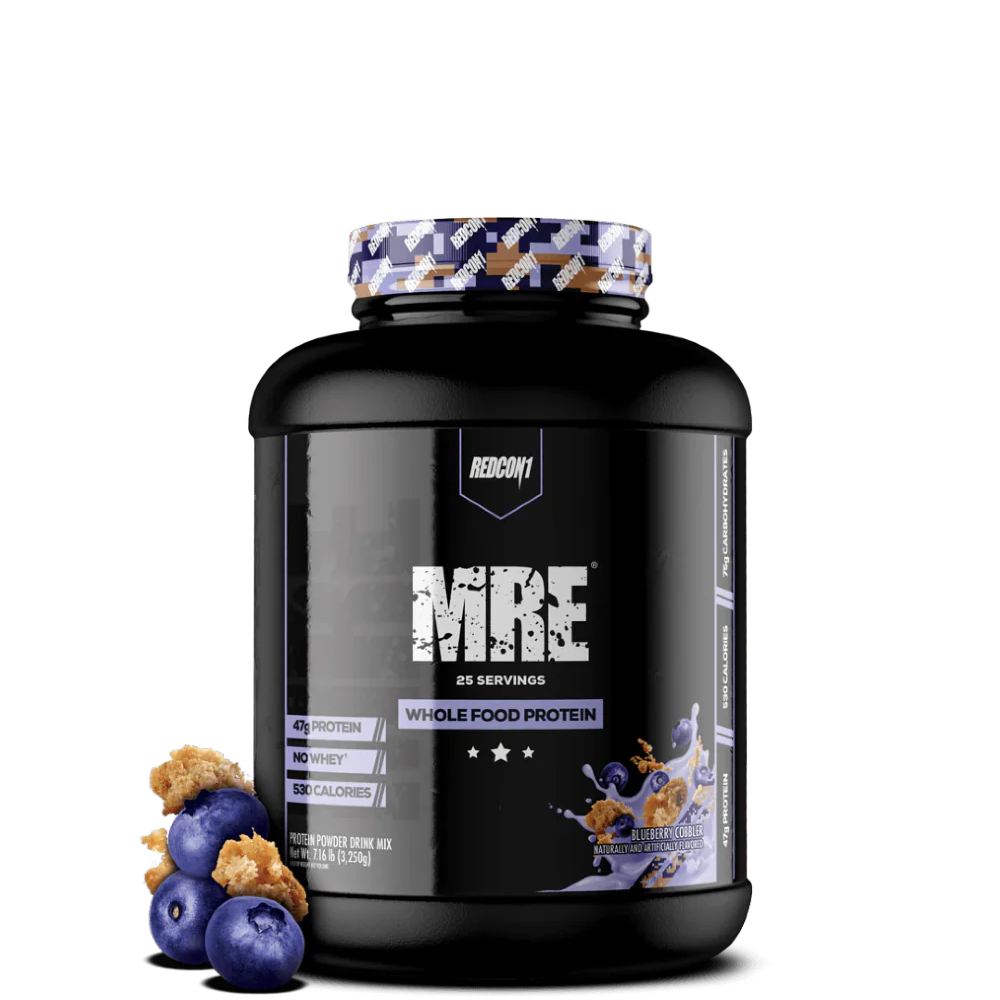 A black plastic container of MRE Whole Food Protein powder with a gold and white label, titled 'MRE WHOLE FOOD PROTEIN' and indicating 25 servings.