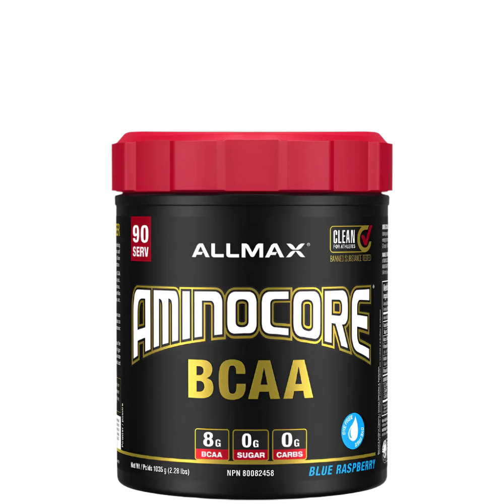 A container of Aminocore BCAA Supplement Powder by ALLMAX in black color with red and pink text, indicating the flavor as Pink Lemonade.