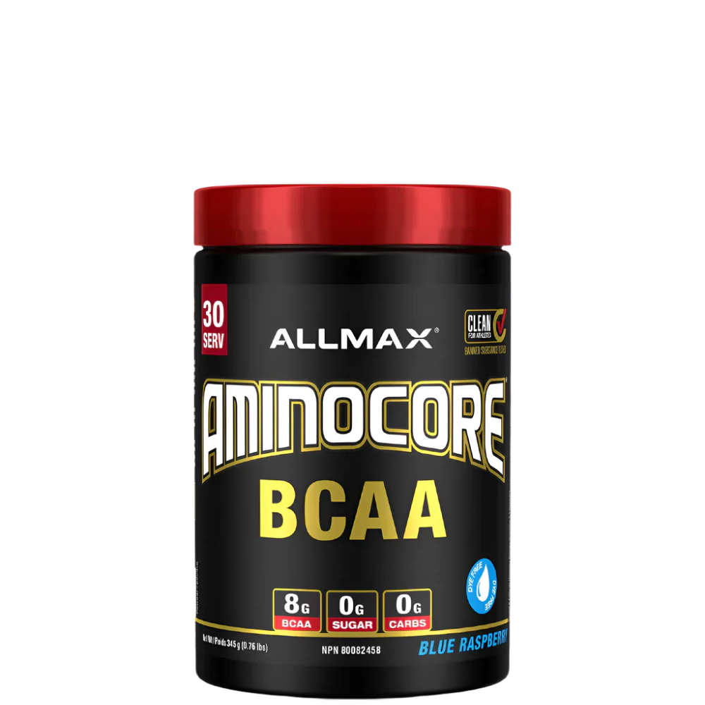 A container of Aminocore BCAA Supplement Powder by ALLMAX in black color with red and pink text, indicating the flavor as Pink Lemonade.