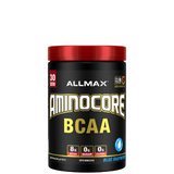A container of Aminocore BCAA Supplement Powder by ALLMAX in black color with red and pink text, indicating the flavor as Pink Lemonade.