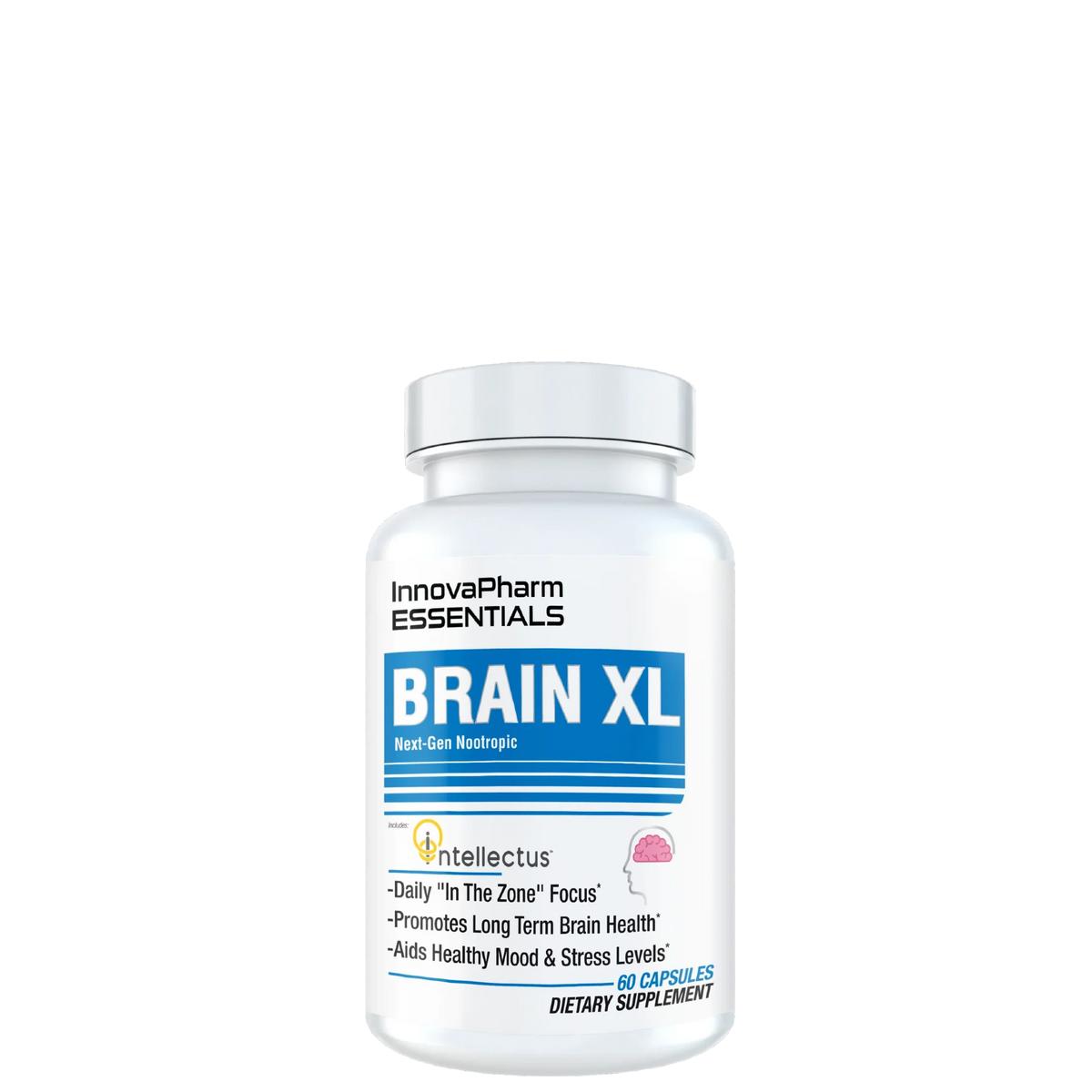 A bottle of Brain XL dietary supplements with the brand name Innovapharma Essentials visible on the label.