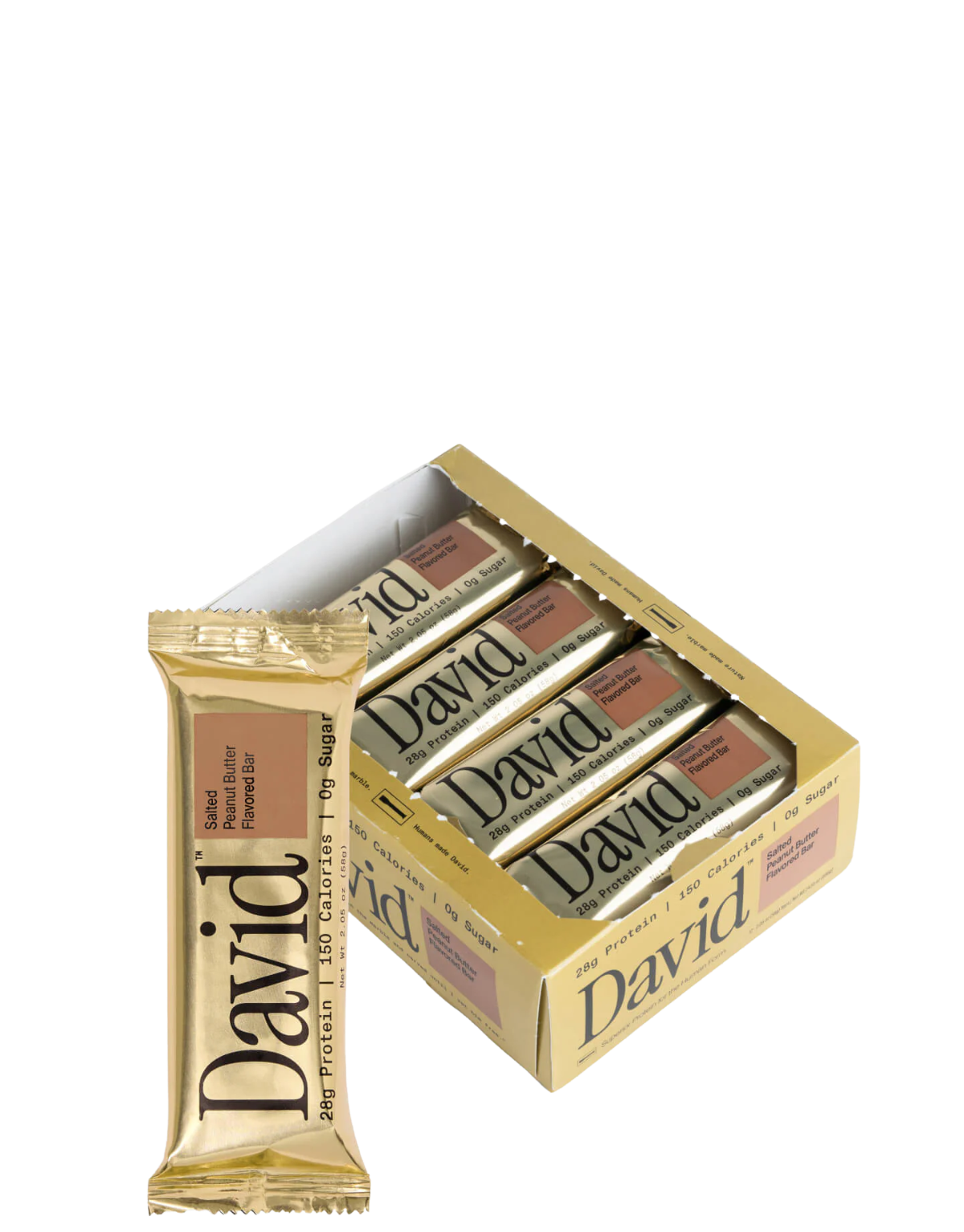 Box of David protein bars on a white background