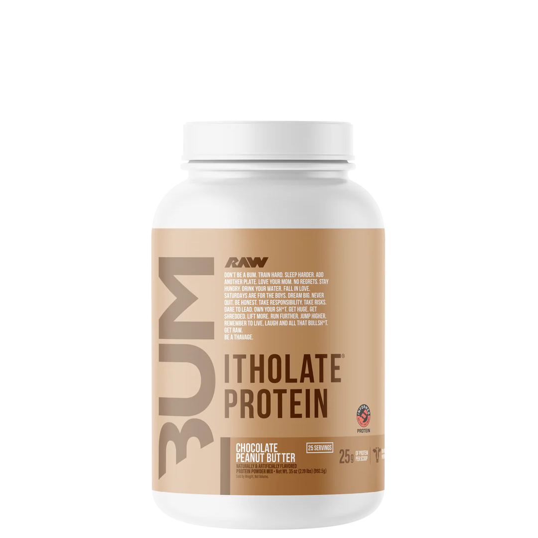 A container of CBUM Itholate Protein powder with a colorful label featuring graphics and text.