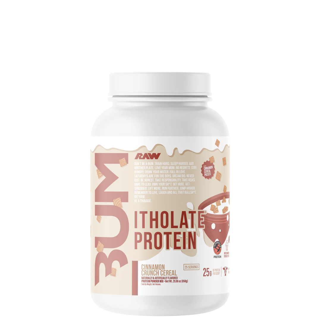 A container of CBUM Itholate Protein powder with a colorful label featuring graphics and text.