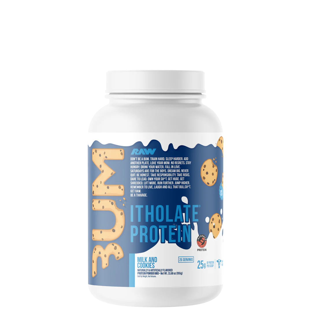 A container of CBUM Itholate Protein powder with a colorful label featuring graphics and text.