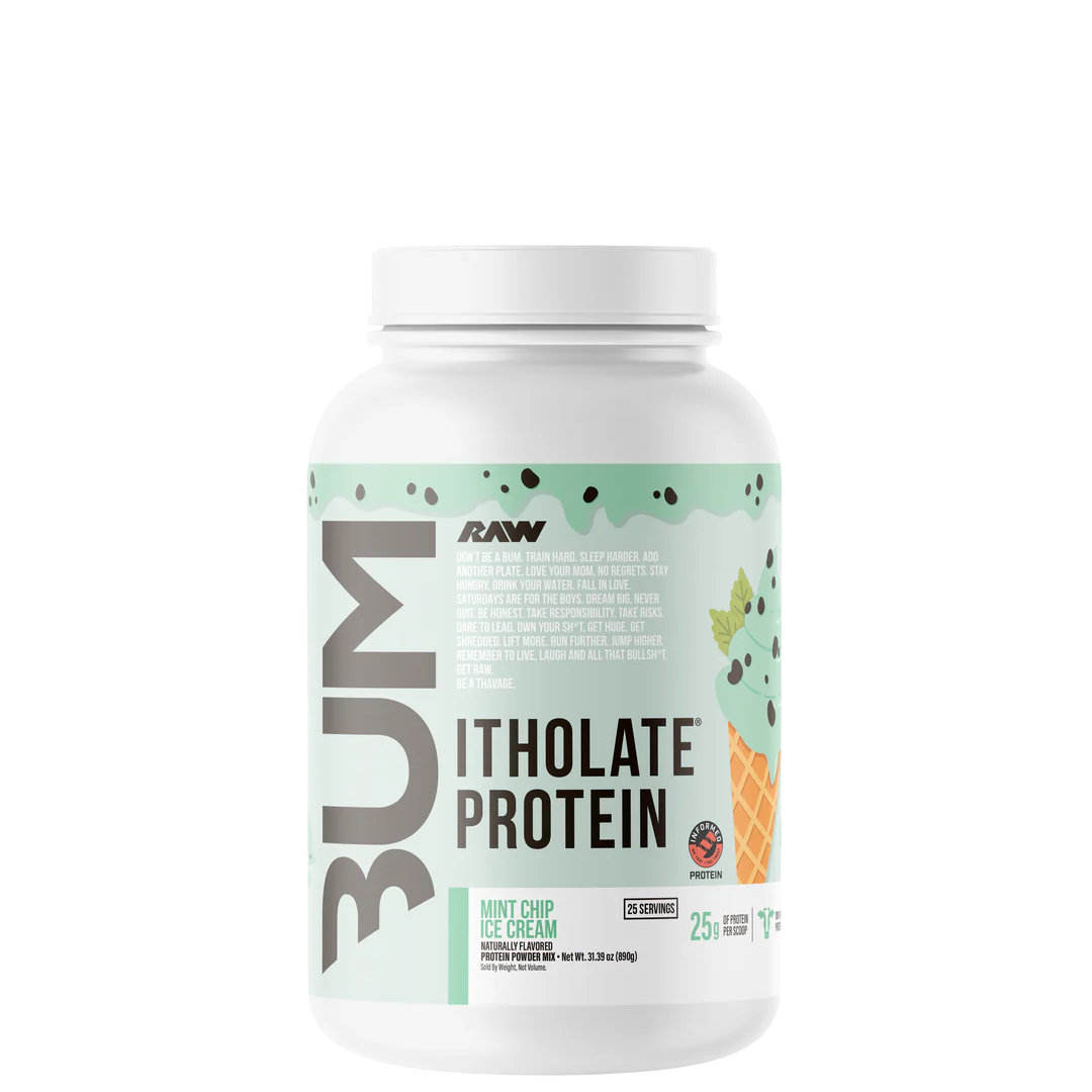 A container of CBUM Itholate Protein powder with a colorful label featuring graphics and text.