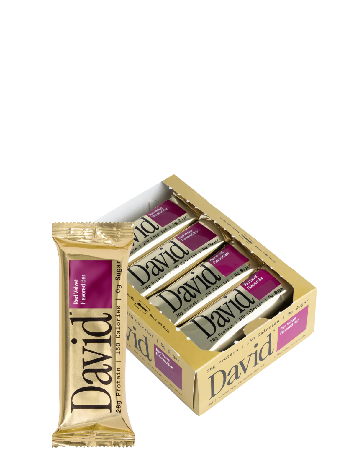 Box of David protein bars with one bar leaning against it on a white background