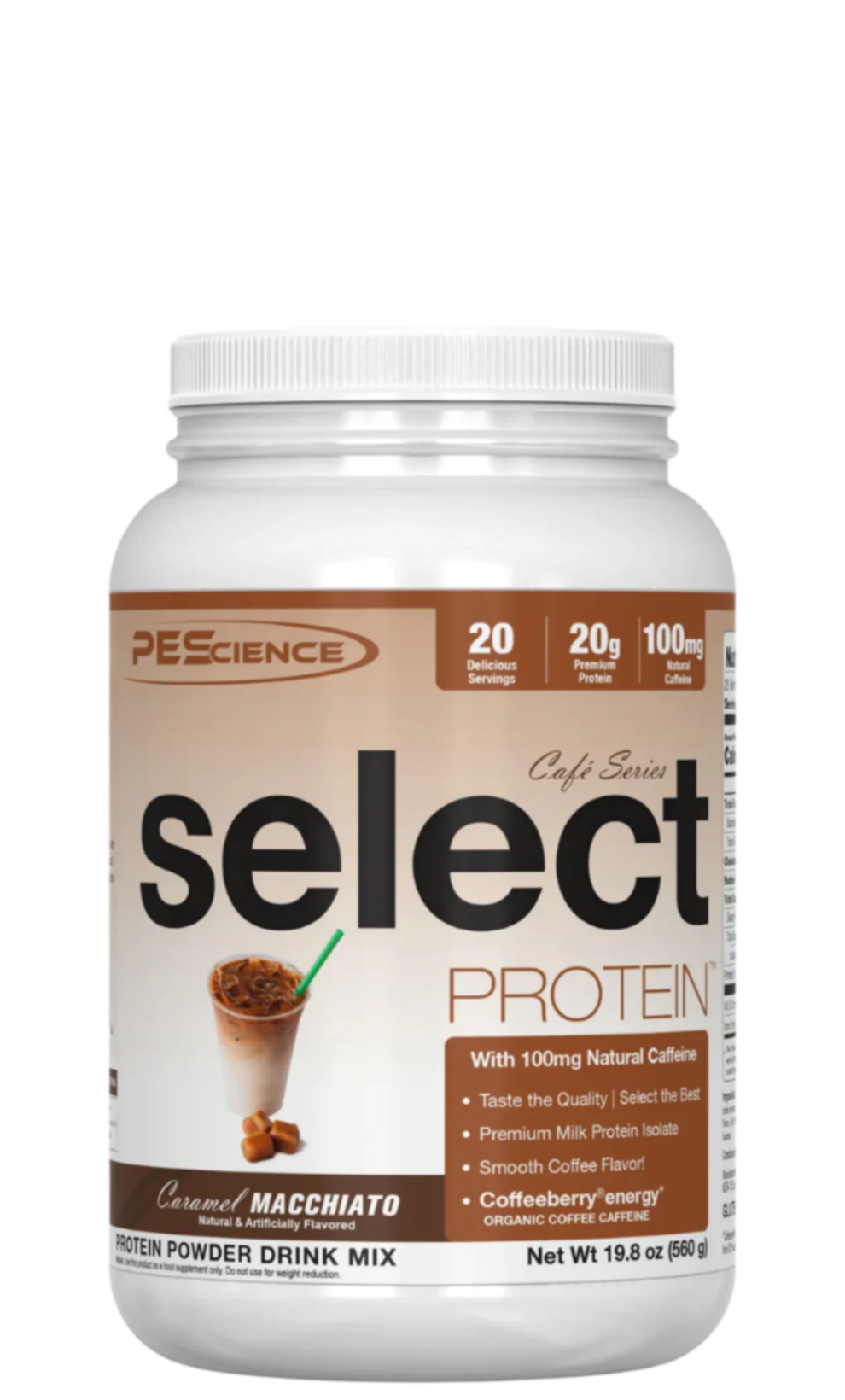 A container of Select Café Series Protein, vanilla flavored, with a serving size of 37.5g, providing 20g of protein and 100mg of caffeine.