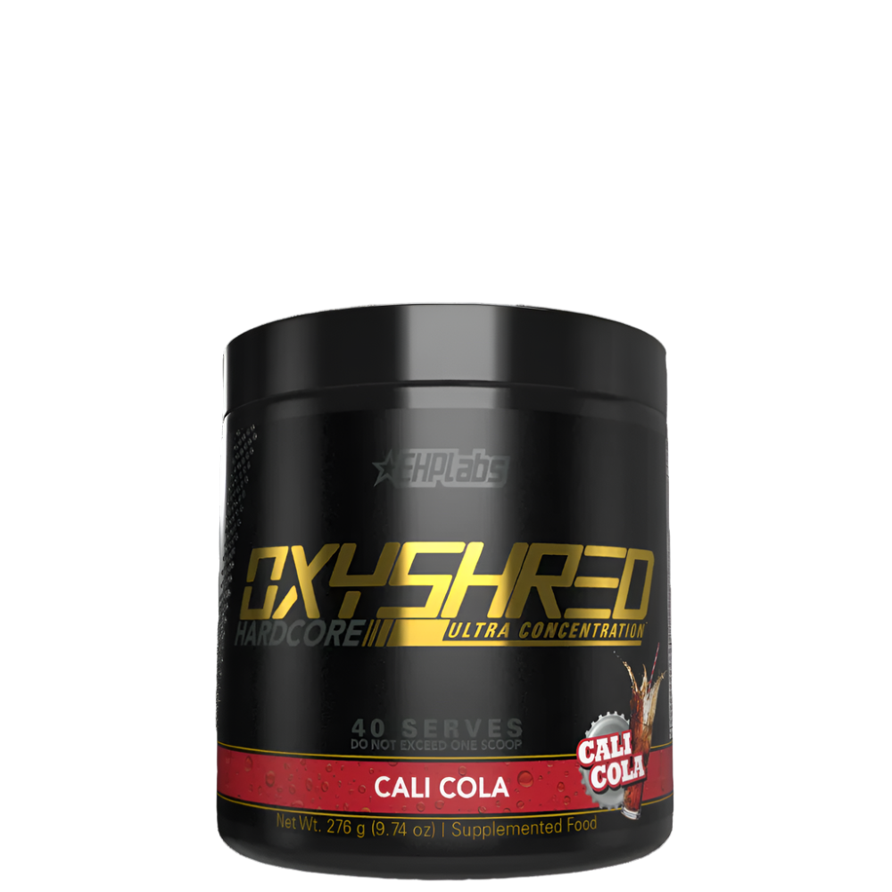 Container of OxyShred Hardcore pre-workout supplement in Grape Bubblegum flavor