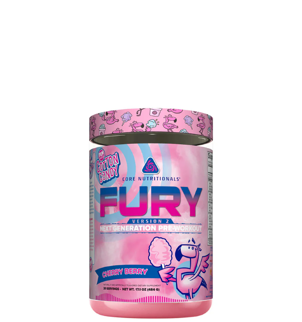 A container of Core Nutritionals FURY v2 pre-workout supplement.