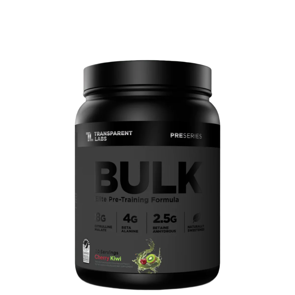 Black supplement container labeled 'BULK' by Transparent Labs on a white background