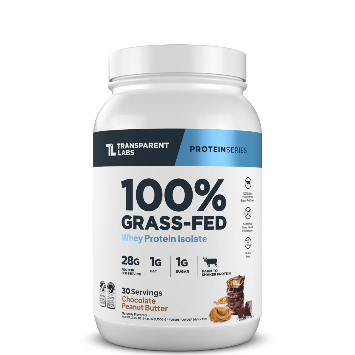 Transparent Labs 100% Grass-Fed protein powder container on a white background