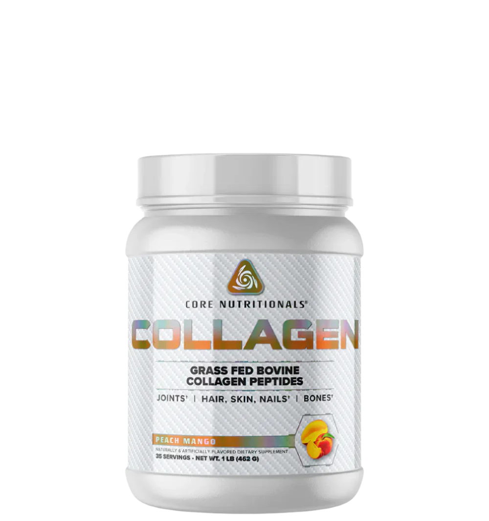 A container of Core Nutritionals Collagen supplements with text indicating it is grass-fed bovine collagen peptides, with a peach mango flavor.