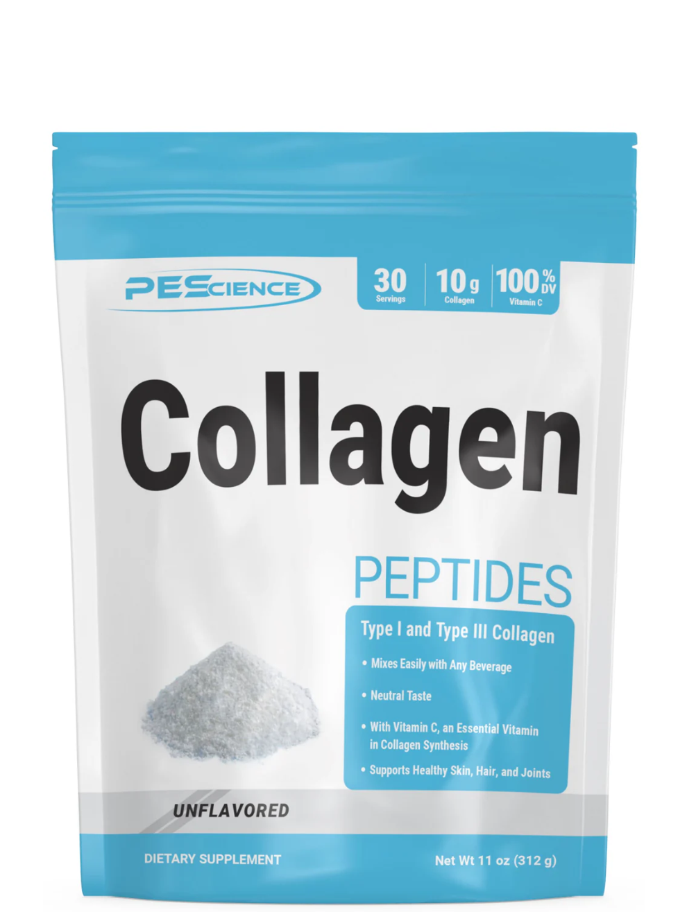 A package of PEScience Collagen Peptides, with visual emphasis on the product's benefits for skin, joint, and bone support.