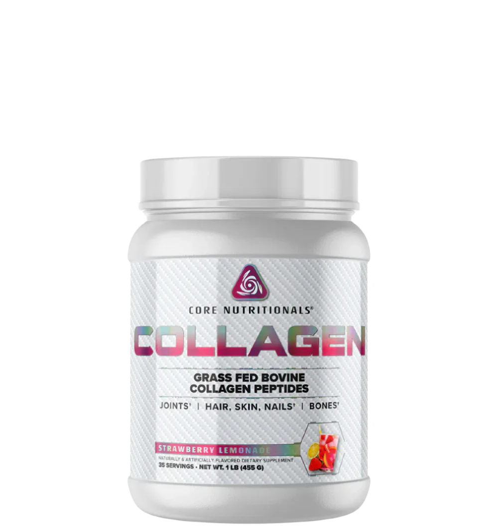 A container of Core Nutritionals Collagen supplements with text indicating it is grass-fed bovine collagen peptides, with a strawberry lemonade flavor.