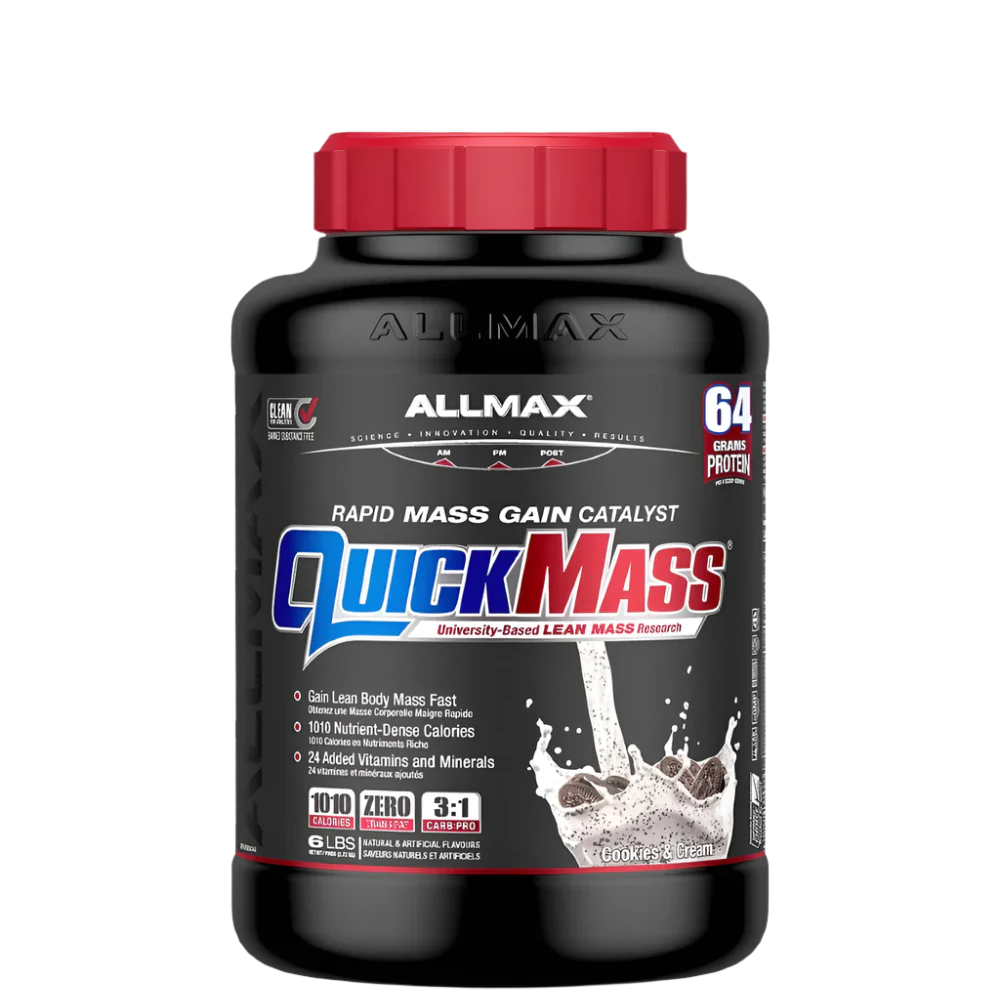 A container of QuickMass mass gainer protein powder by AllMax Nutrition in chocolate flavor.