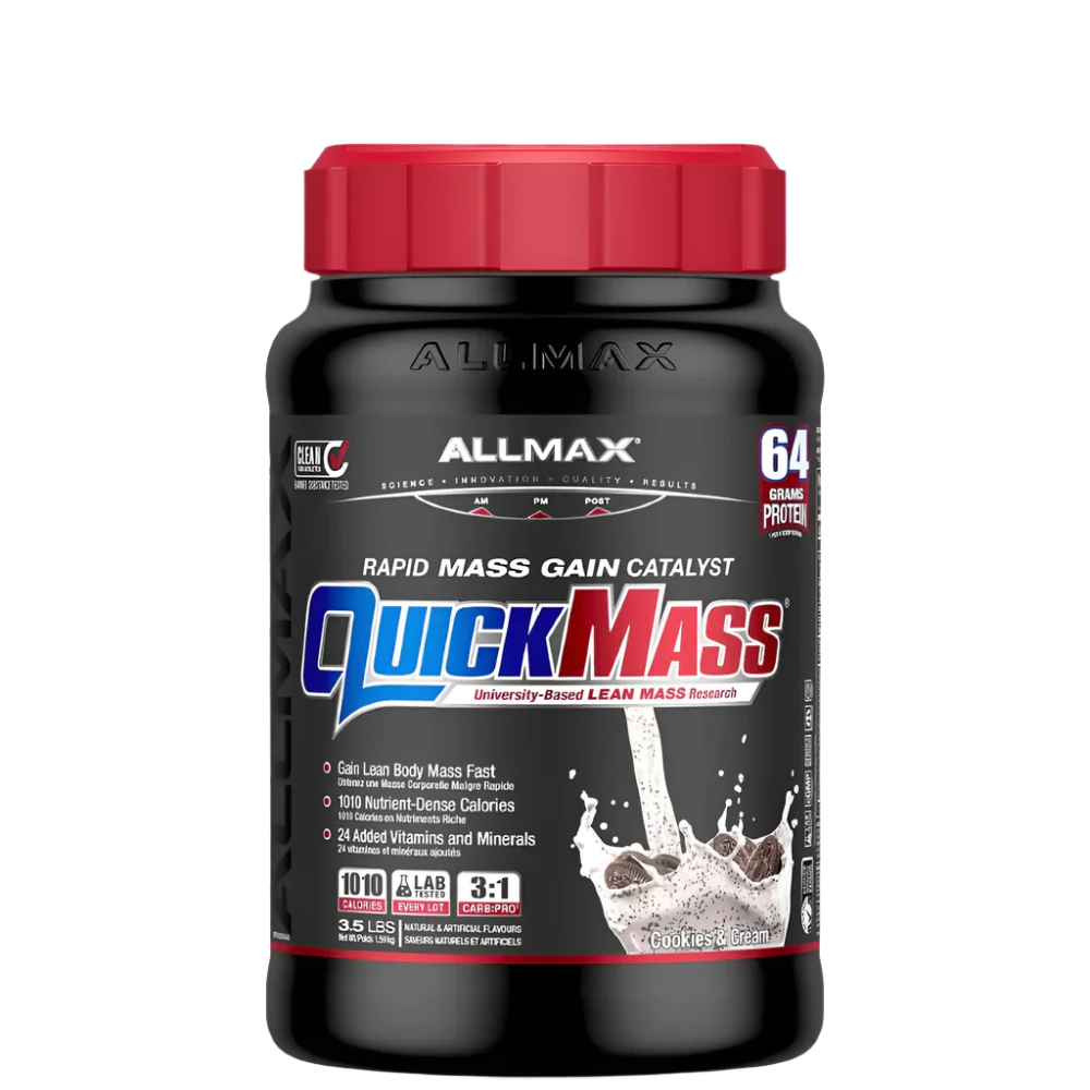 A container of QuickMass mass gainer protein powder by AllMax Nutrition in chocolate flavor.