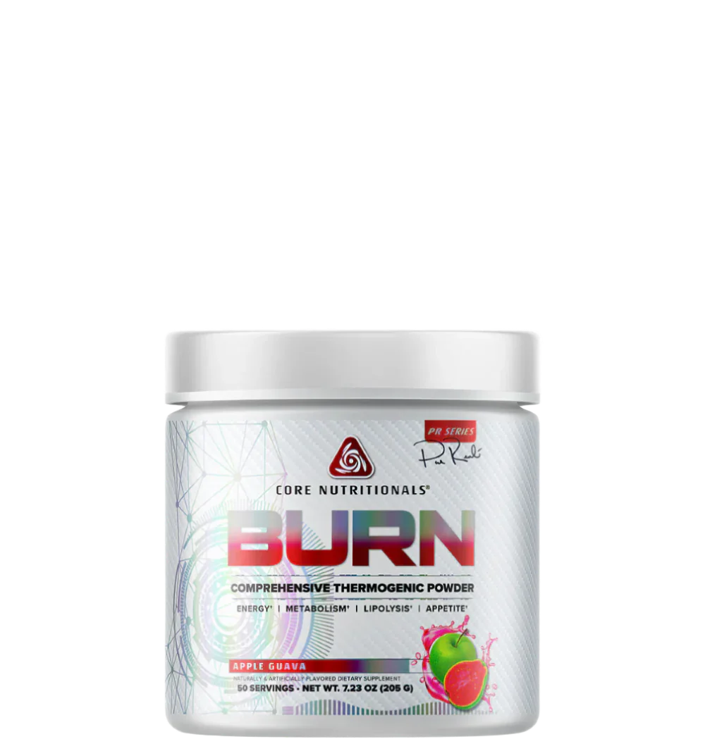 A container of BURN comprehensive thermogenic powder by CORE NUTRITIONALS with colorful label design.