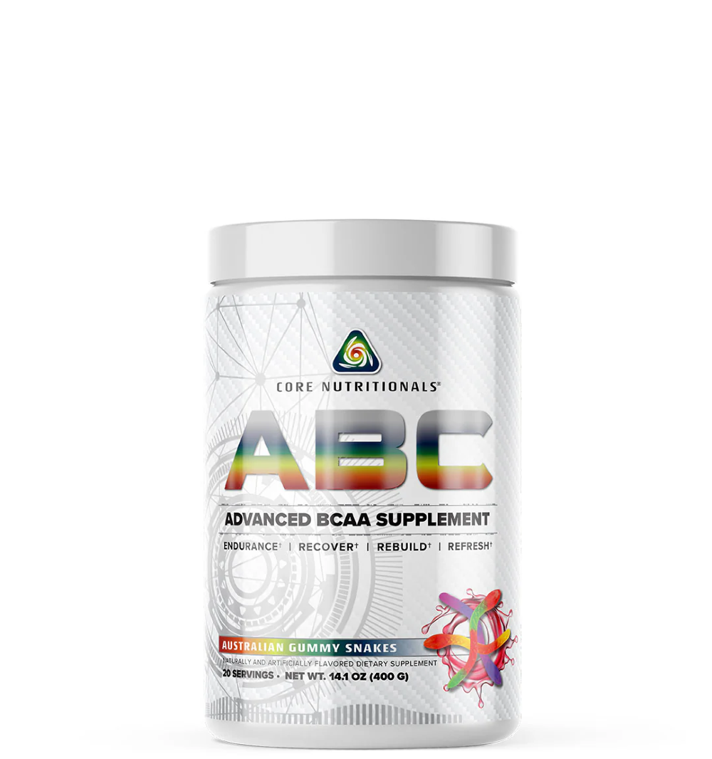A container of Core Nutritionals' ABC Advanced BCAA Supplement, with a rainbow and white label.