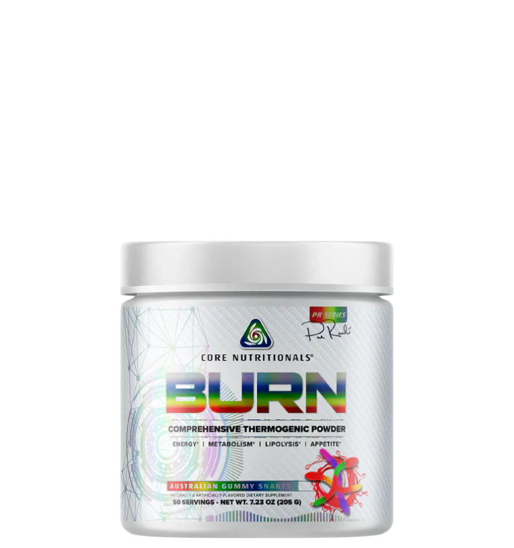 A container of BURN comprehensive thermogenic powder by CORE NUTRITIONALS with colorful label design.