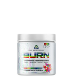 A container of BURN comprehensive thermogenic powder by CORE NUTRITIONALS with colorful label design.