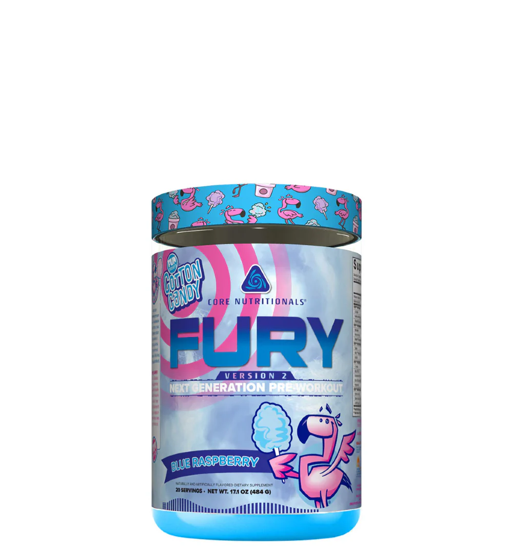 A container of Core Nutritionals FURY v2 pre-workout supplement.