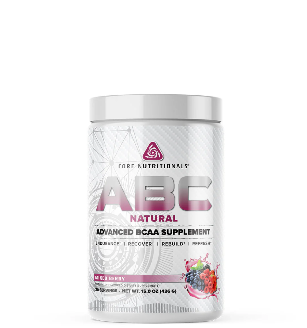 A container of Core Nutritionals' ABC Advanced BCAA Supplement, with a pink and white label.