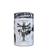 A container of AfterDark Creation Creatine powder with a black and white design featuring a silhouette of a person with a cross and abstract shapes.