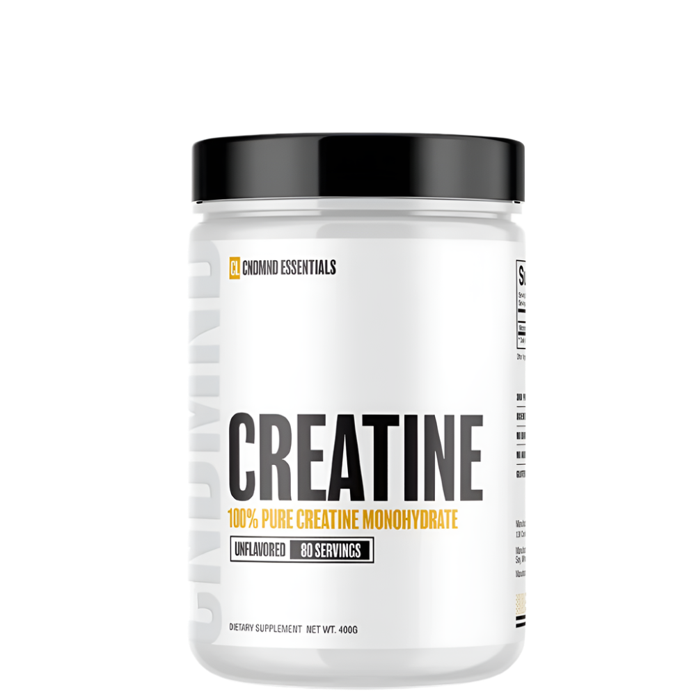 A container of Condemned Essentials Creatine Monohydrate, with the label indicating it is 100% Pure Creatine Monohydrate, without any banned substances.