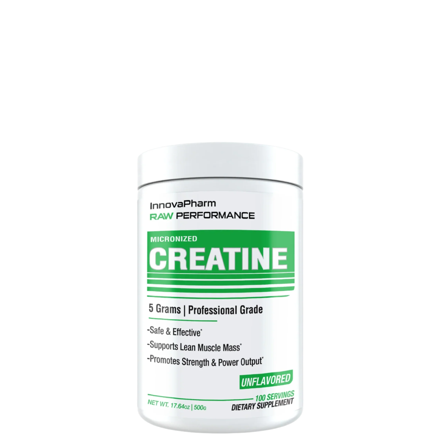 A container of RAW PERFORMANCE Creatine by Innovapharm, which is a white container with a green and white label indicating it is a supplement containing 5 grams of professional grade creatine monohydrate.