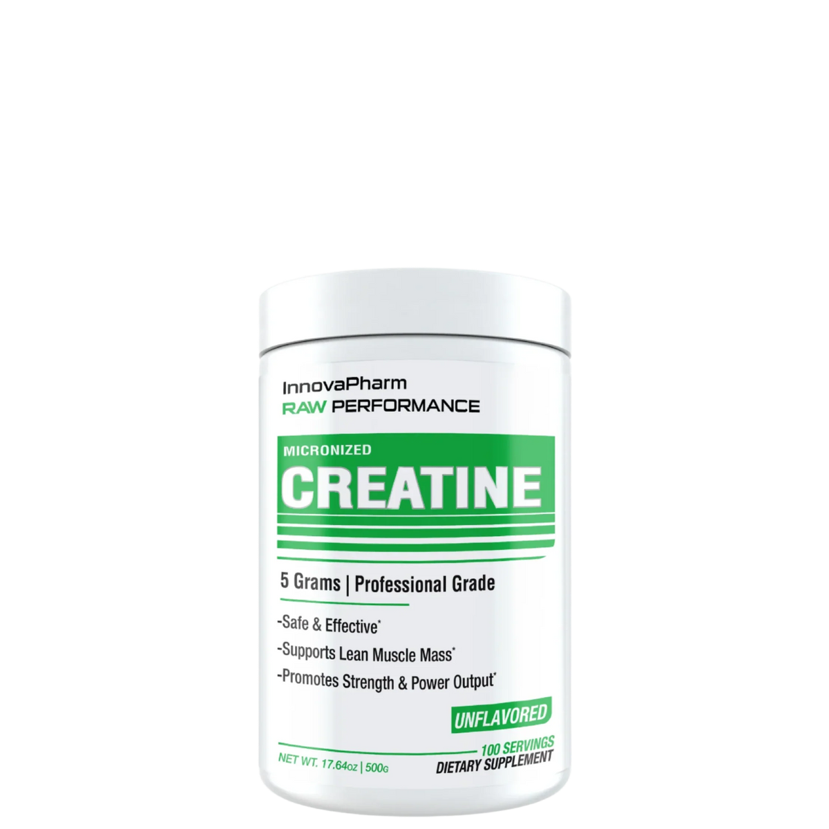 A container of RAW PERFORMANCE Creatine by Innovapharm, which is a white container with a green and white label indicating it is a supplement containing 5 grams of professional grade creatine monohydrate.