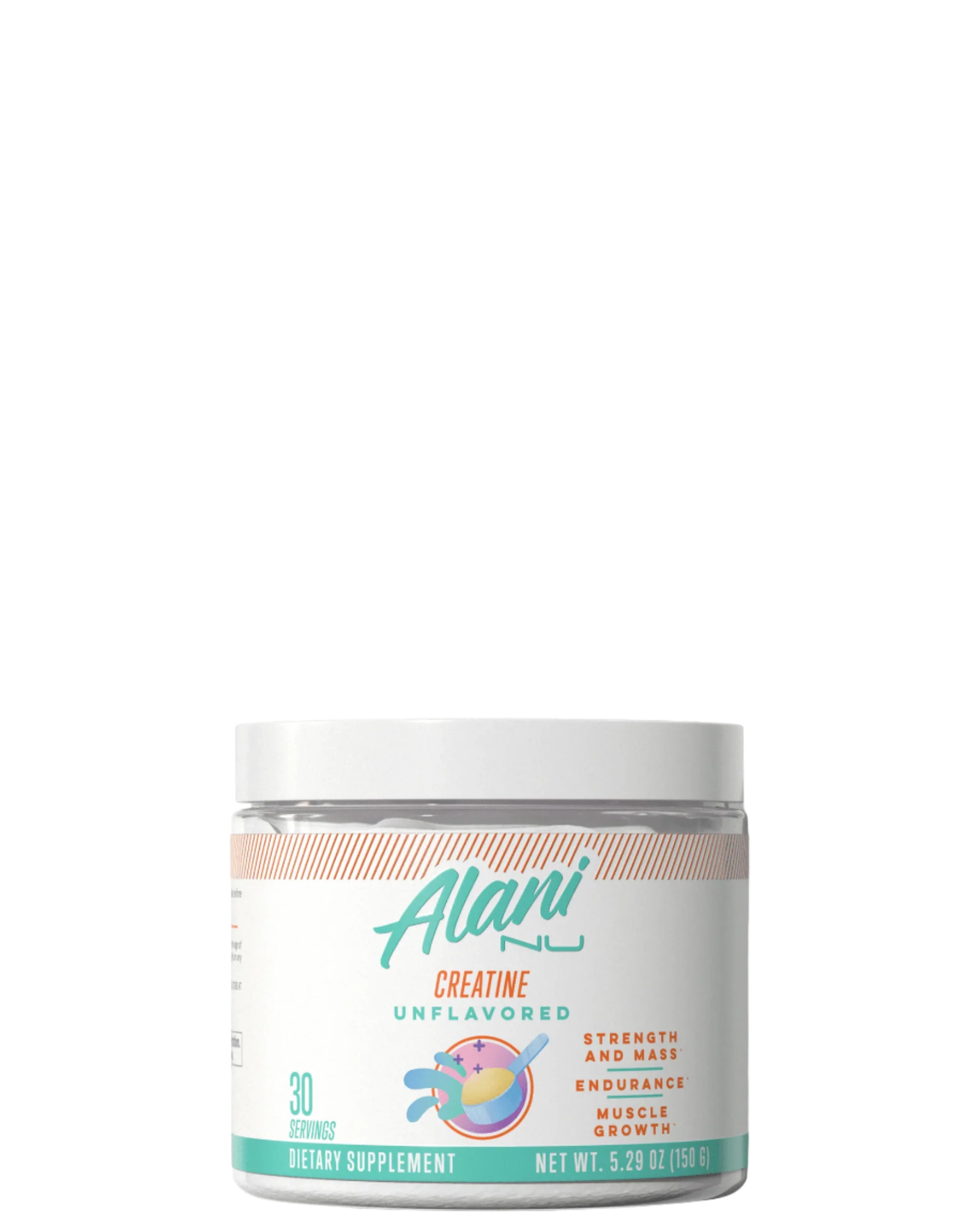 A container of Alani Nu Creatine Monohydrate powder with a white label featuring the brand logo and product information.